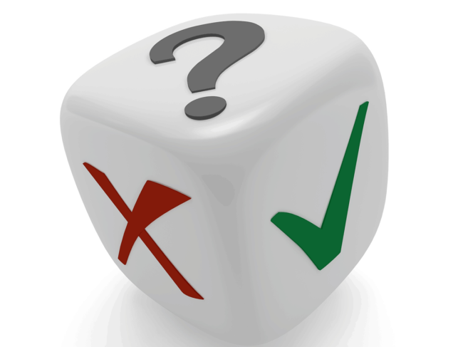 One dice with a green checkmark, red X and gray question mark.