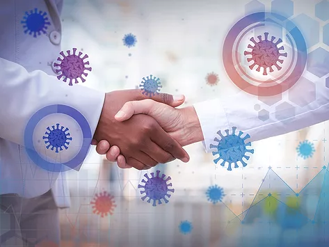 Women handshake with virology graphics