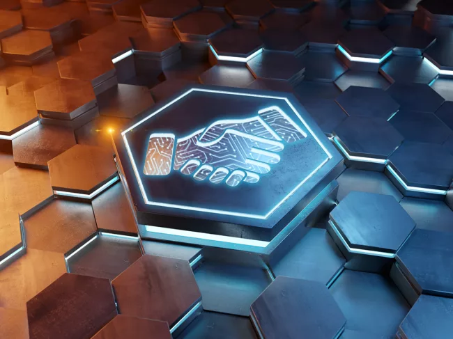 Handshake icon engraved on metal hexagonal background