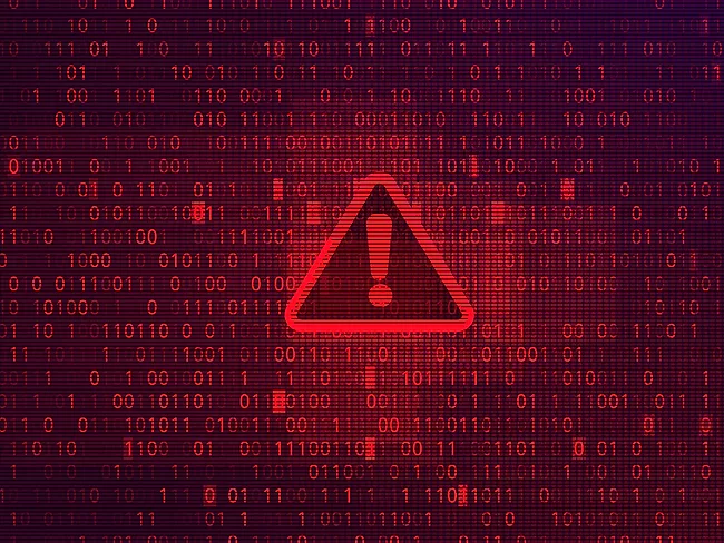 Red error exclamation point over binary code background