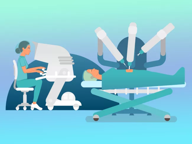 Illustration of doctor using surgical robot on patient