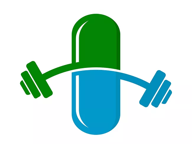 Blue and green pill with barbell