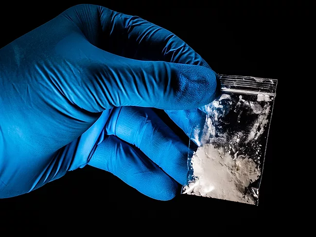 Gloved hand holding powder substance in bag