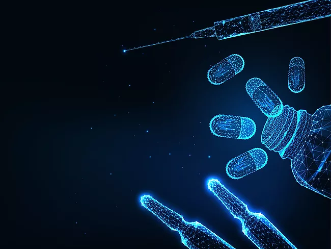 Futuristic medicine concept with glowing bottle pills, syringe, vial