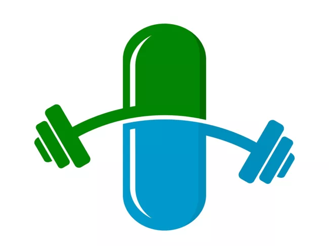 Blue and green pill with barbell
