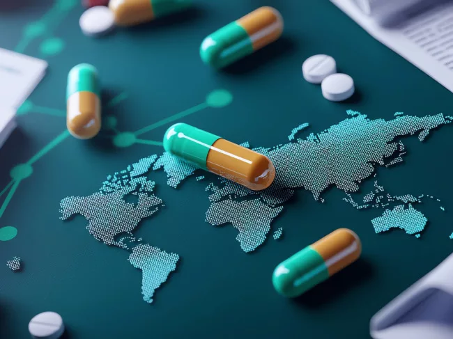 Capsules and tablets scattered over a world map