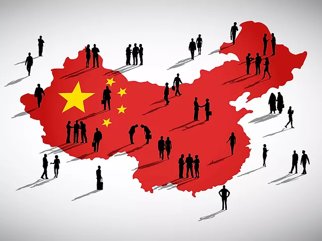 China map/flag with silhouettes of business people
