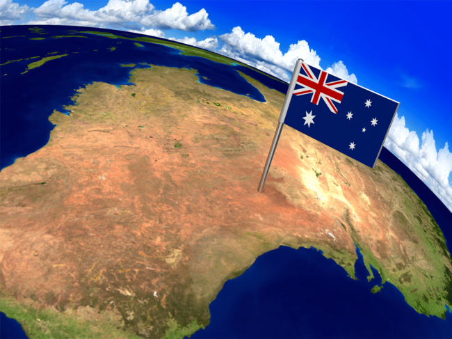 Australian flag marking country on globe