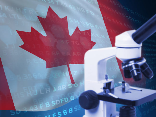 Canadian flag, microscope, AI illustration
