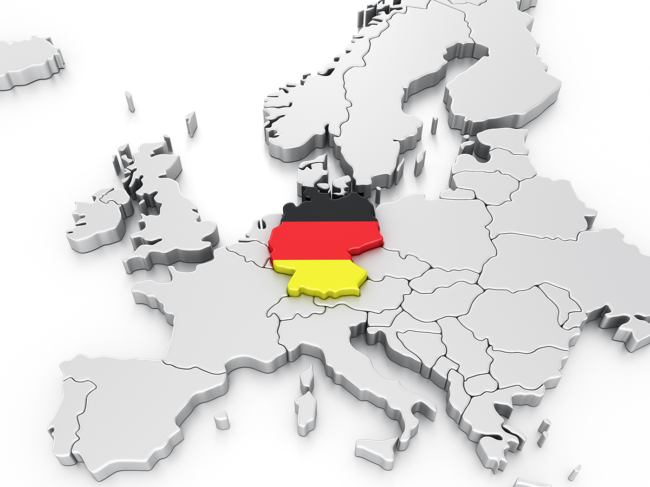 Map of Europe highlighting Germany with its flag