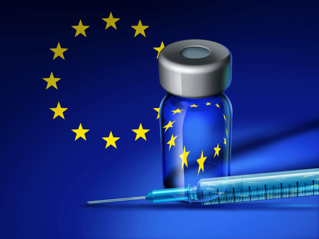 European flag, vial, syringe