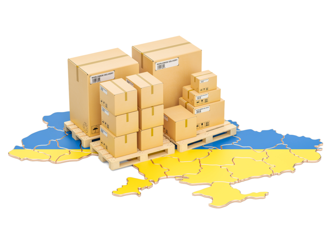 Pallet of boxes on top of map of Ukraine