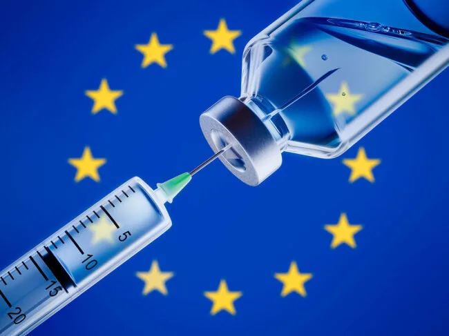 Syringe and vaccine with EU flag
