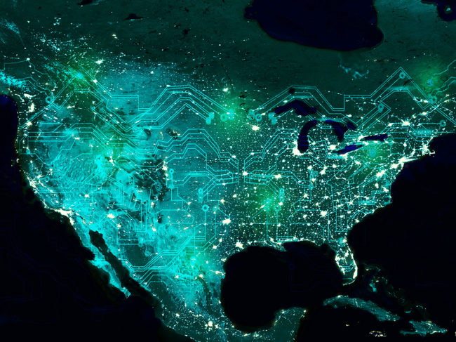 U.S. at night from space with circuit board overlay