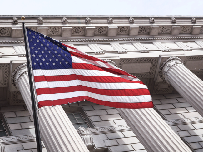 U.S. flag on columned building
