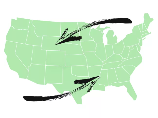 US map with arrows pointing inward