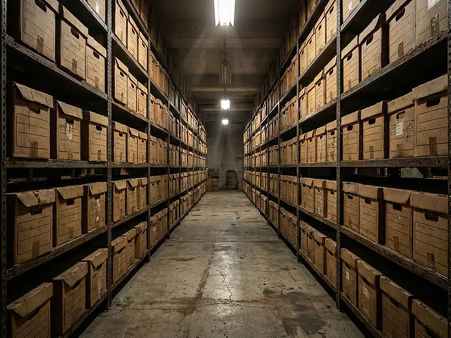 Dimly lit archive room filled with cardboard storage boxes