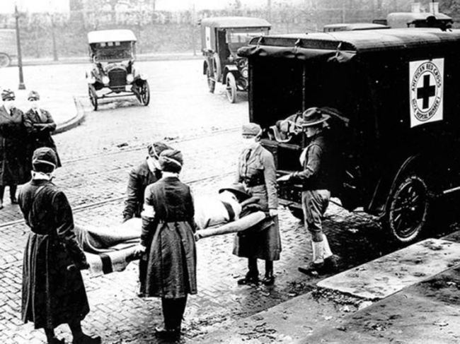 1918-19 Spanish flu patient, paramedics, ambulance