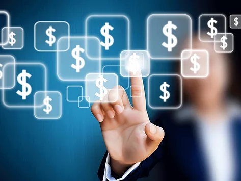 Businesswoman pressing dollar sign on touch screen 