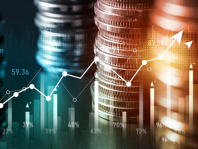 Economic growth illustration with coins, charts