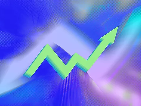 Green arrow on blue abstract background