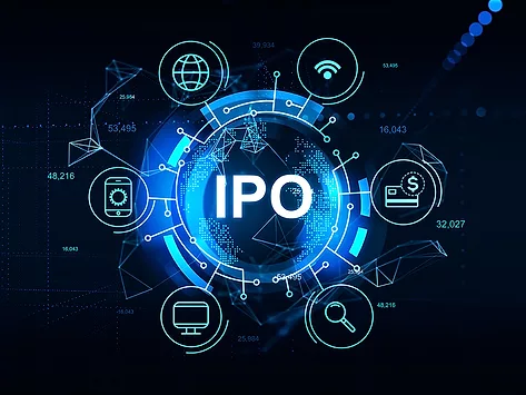 Ipo and digital hologram with business icons