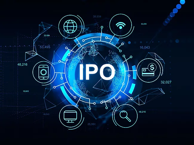 IPO and digital hologram with business icons