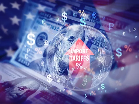 US flag, money, global currency symbols, tariff arrow