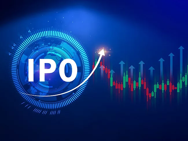 Virtual IPO word with stock graph and arrow