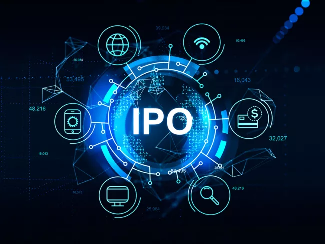 IPO and digital hologram with business icons