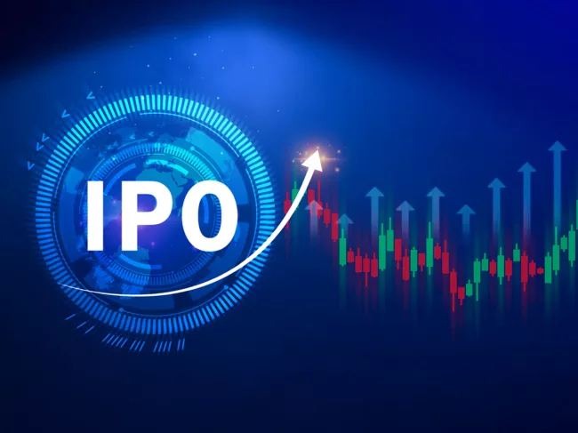 Virtual IPO word with stock graph and arrow