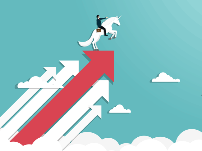 Businessman riding unicorn atop arrows in the clouds
