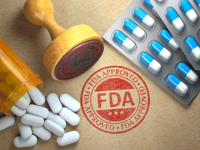 FDA Approved stamp with pills, bottle, blister pack