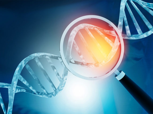 Illustration of DNA, magnifying glass