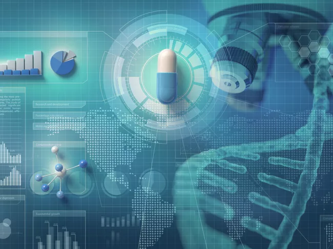 Biopharma research illustration with pill, DNA, microscope, data