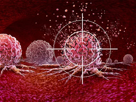 Illustration of cancer cell in crosshairs being destroyed