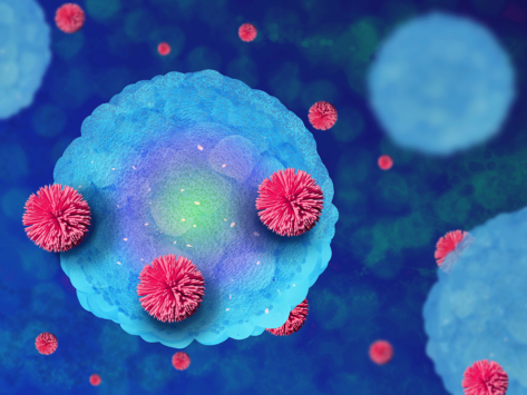 Illustration of cancer cells and immunotherapy treatment