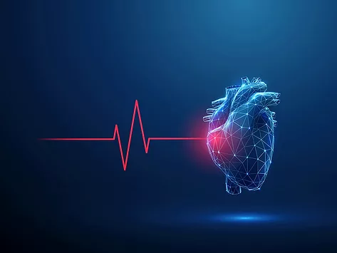 Abstract blue human heart with red cardio pulse line and red circle