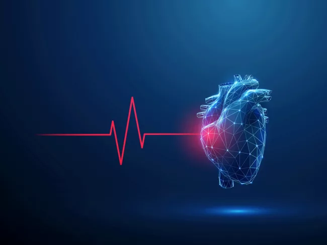 Abstract blue human heart with red cardio pulse line and red circle