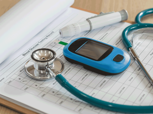 Blood glucose chart and monitor, stethoscope, injector pen