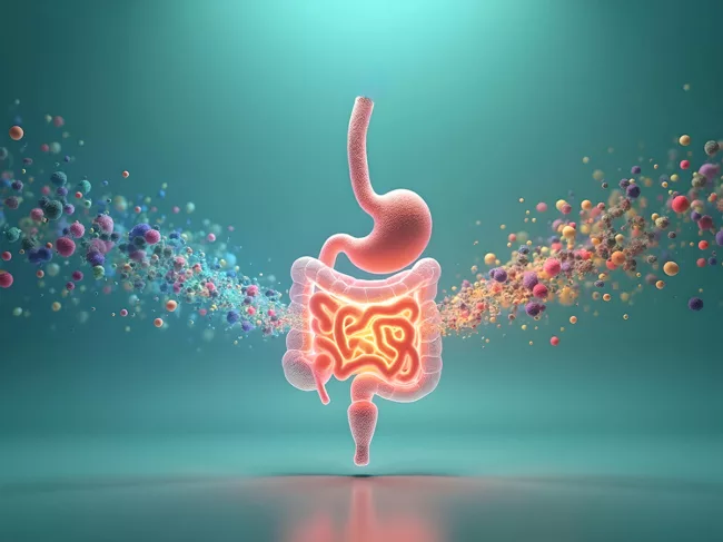 Model of fecal microbiota transplantation with glowing microbiota flowing between a donor and recipient