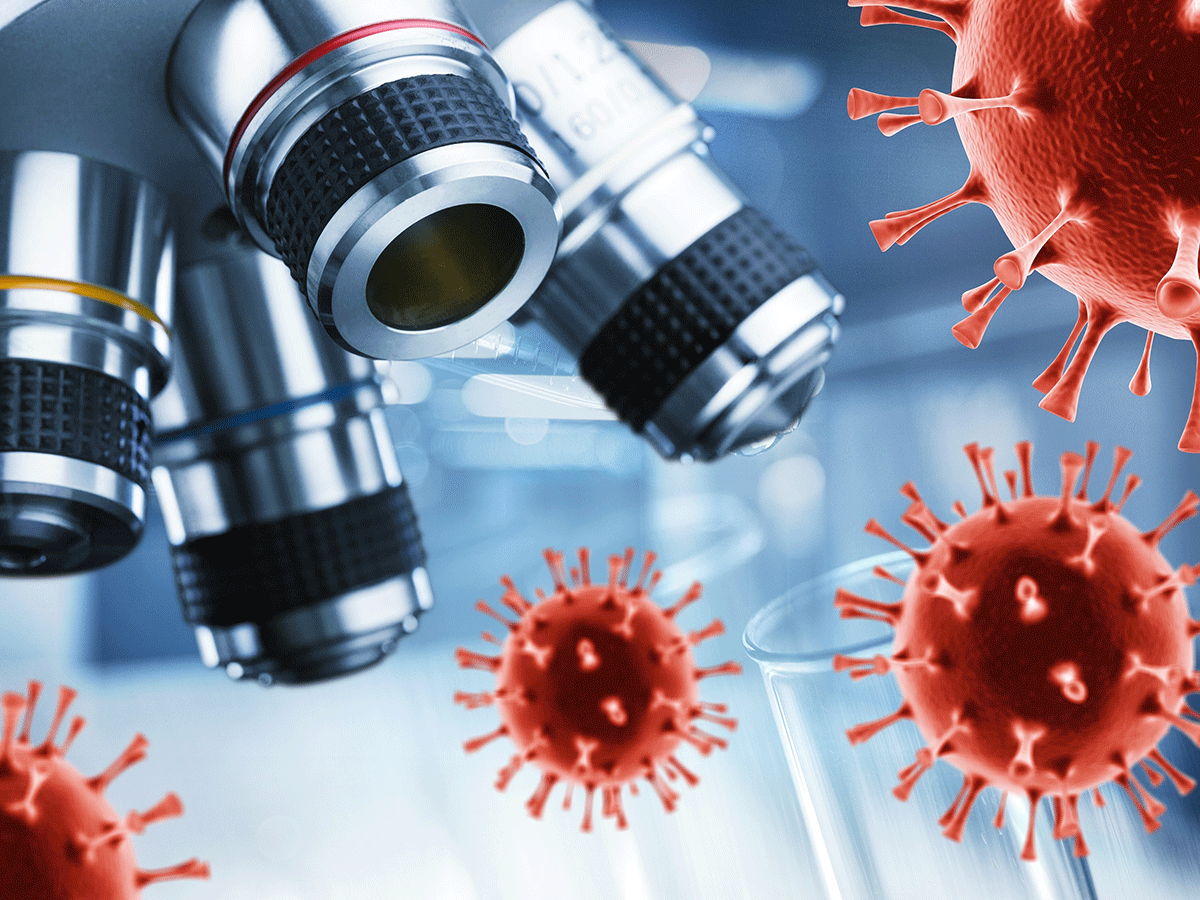 Microscope and coronavirus illustration