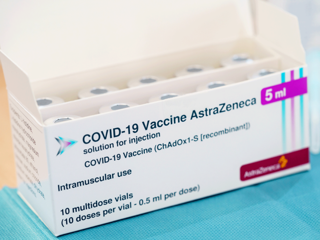 Box of Astrazeneca COVID-19 vaccine vials