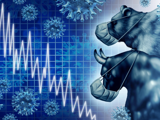 Coronavirus, stock market graph, bear and bull wearing masks