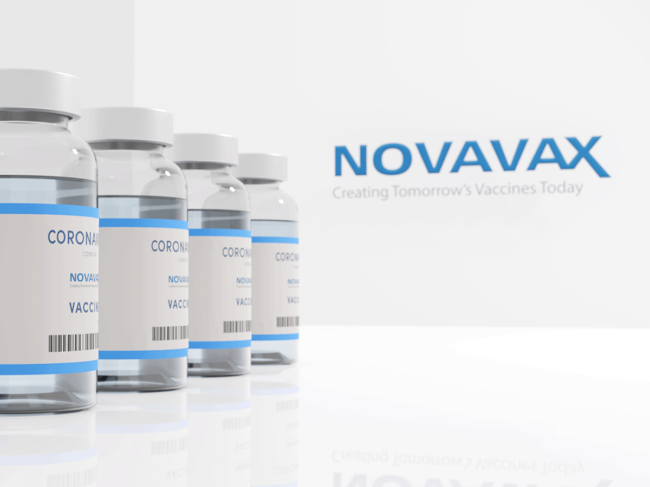 Novavax logo, coronavirus vaccine vials