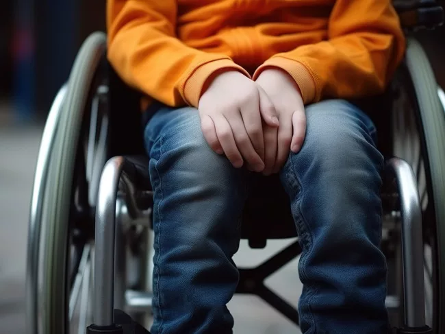Boy with jeans, orange sweatshirt in wheelchair