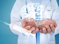 Brain, syringe hovering over hands