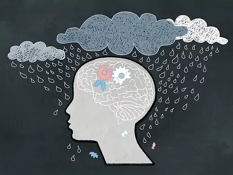 Depression concept with human, broken brain and heavy rain