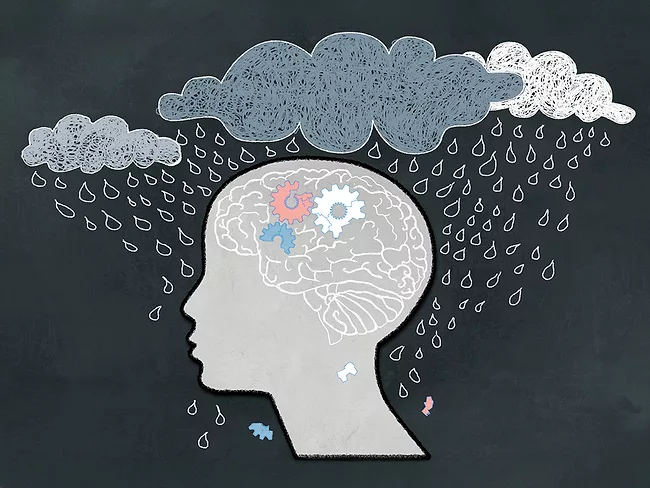 Depression concept with human, broken brain and heavy rain