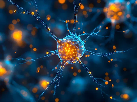 AI-generated  illustration of a neuron with tau protein aggregation